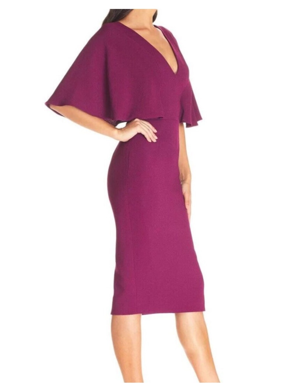 NWT Dress The Population Magenta Louisa Flutter-Sleeve Dress S Small Midi